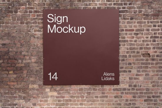 Wall-mounted sign mockup on a textured brick background, ideal for design presentations and branding visuals.