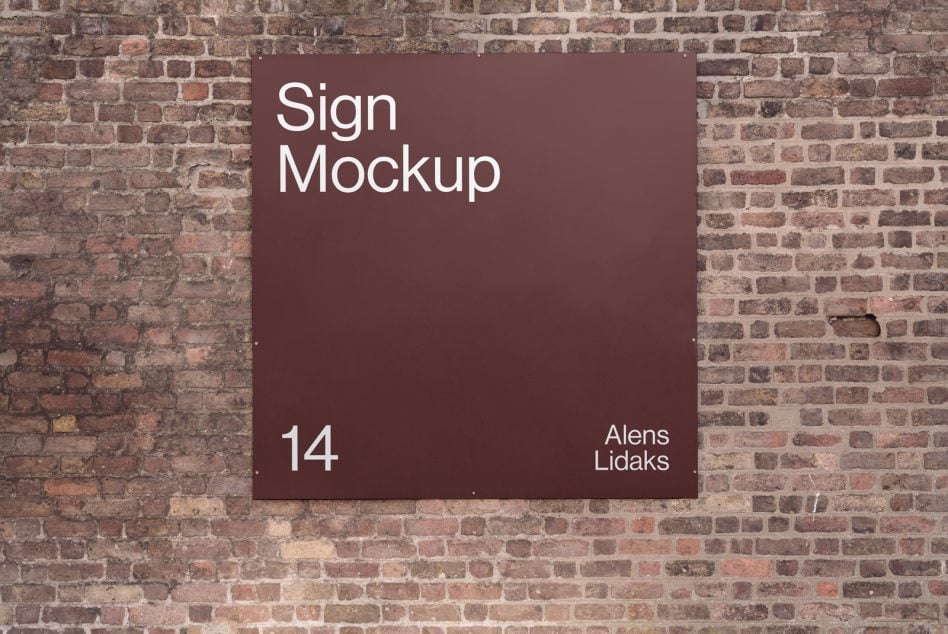 Burgundy sign mounted on weathered brick wall displaying number 14 in white text