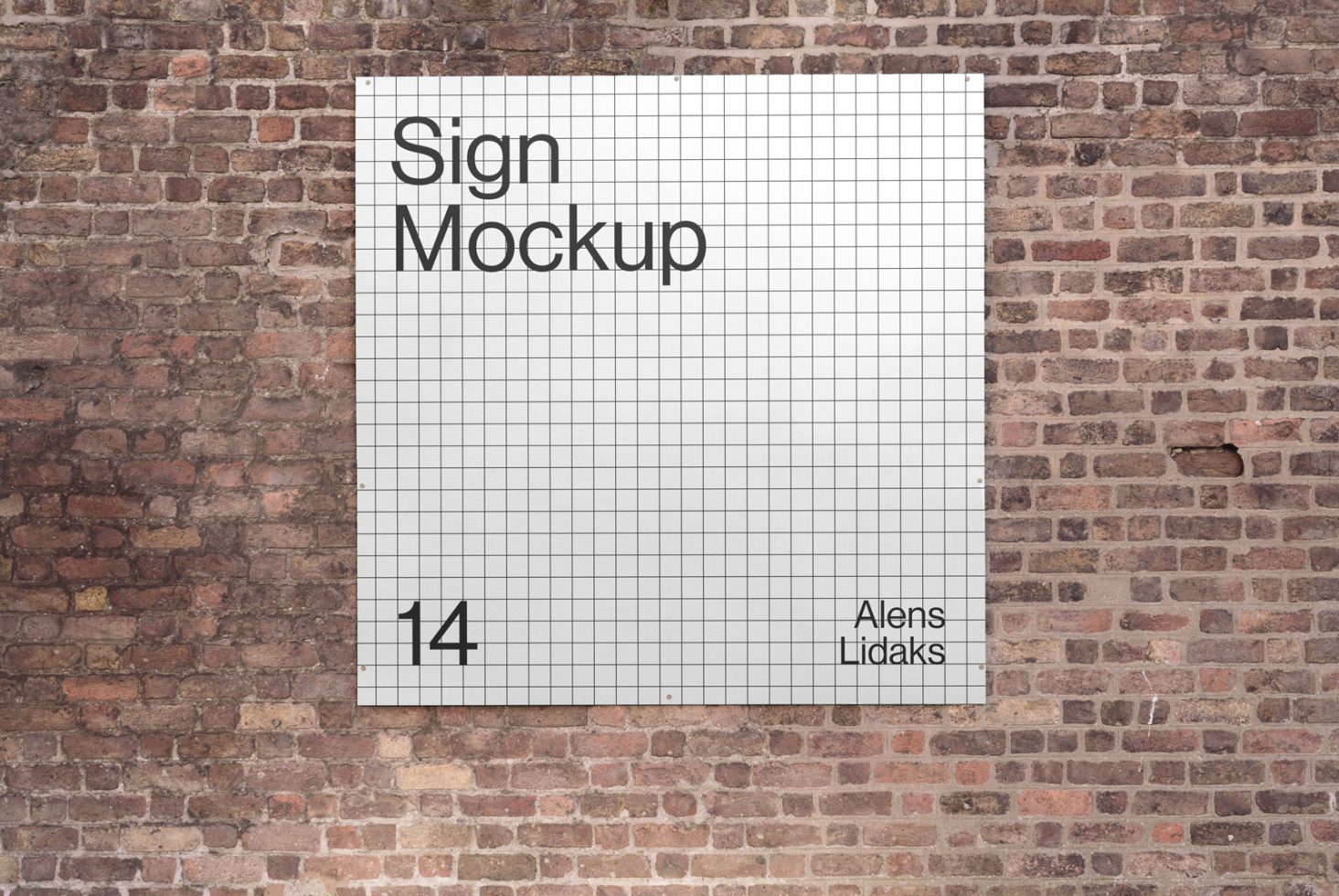 Editable sign mockup template for designers with grid lines on white canvas against a textured brick wall background.