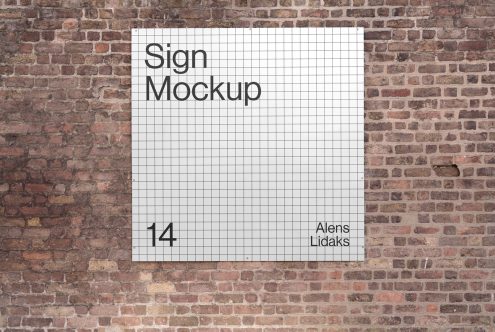 Wall-mounted sign mockup with grid design on a brick wall background, ideal for presentation and branding for designers.