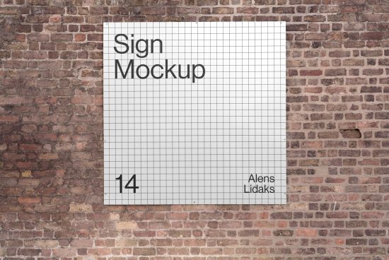 Wall-mounted sign mockup with grid design on a brick wall background, ideal for presentation and branding for designers.
