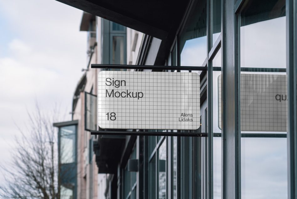 Outdoor hanging shop sign mockup in urban setting, editable design, clear facade signage, branding presentation template, realistic graphic resource.