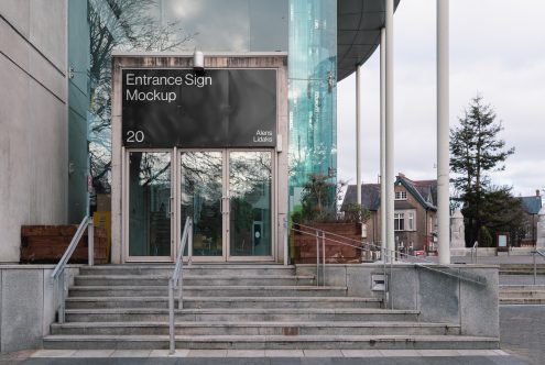 Realistic outdoor entrance sign mockup on a glass building facade, perfect for branding presentations and design portfolios.