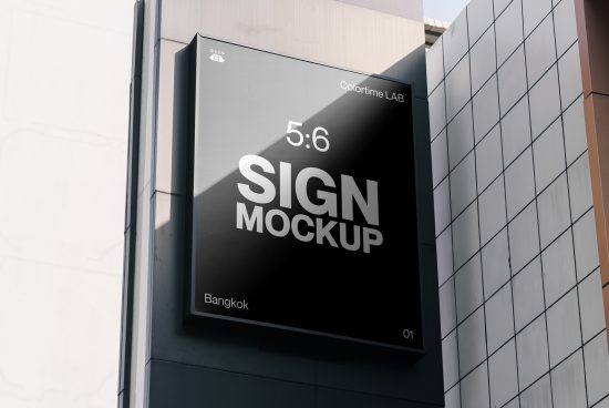 Outdoor sign mockup on a modern building facade, urban setting, suitable for brand presentations and graphic design display.