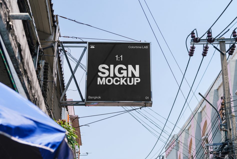 Urban street sign mockup hanging on a sunny day with clear skies, perfect for design presentations, outdoor advertising graphics.