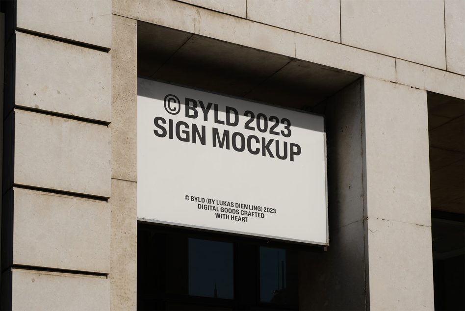 White exterior sign mockup on building with BYLD 2023 sign mockup text