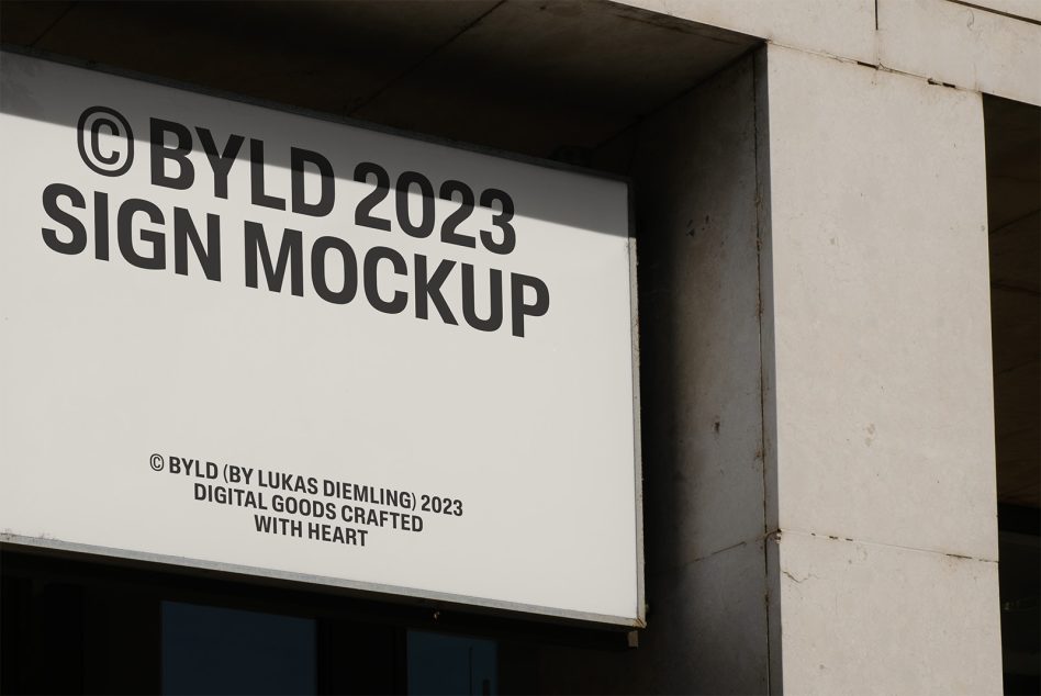 White building sign mockup showing BYLD 2023 sign mockup text layout