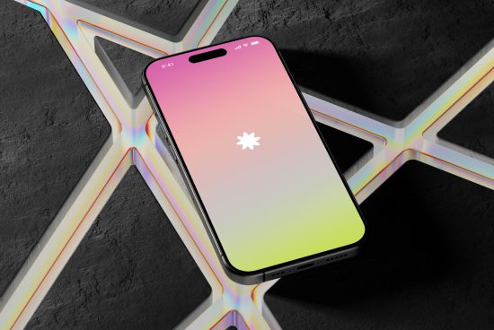 Smartphone mockup with colorful holographic effect on dark textured background, ideal for app design showcase, digital asset for designers.