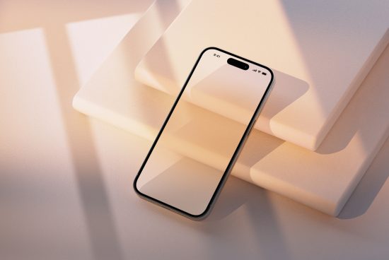 Smartphone mockup on a geometric shadowed background, modern device design showcase, digital asset for app & web design presentation.
