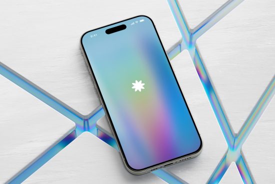 Smartphone mockup on reflective surface, screen displaying gradient design, ideal for app presentation or UI/UX design showcase.