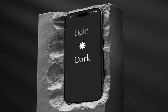 Modern smartphone mockup with a light and dark mode screen interface, displayed on a textured stone background, for design presentation.