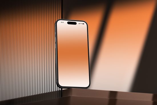 Smartphone mockup on reflective surface with warm gradient background suitable for app design presentations and visual user interface display.