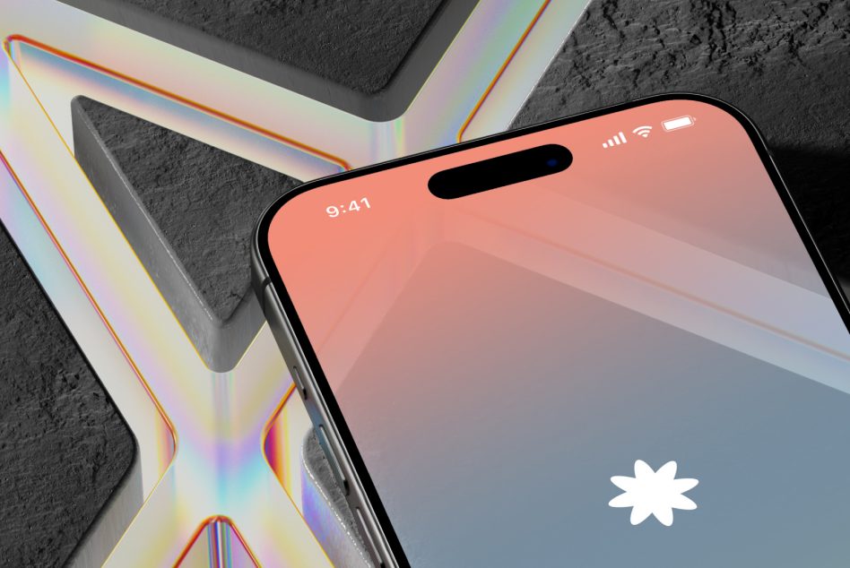 iPhone mockup with coral to blue gradient screen on textured concrete backdrop