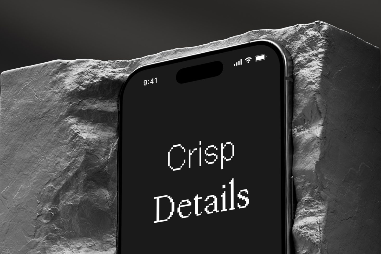 Smartphone screen mockup displaying pixel font with a rocky texture background, ideal for presenting UI designs and typography.