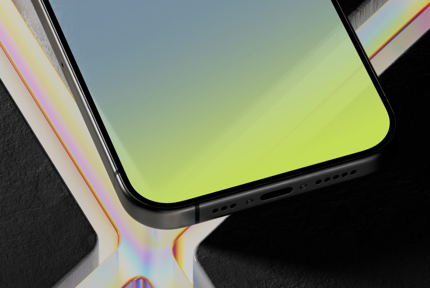 Close-up of a smartphone mockup with a vibrant yellow-green gradient screen, showcasing modern design, ideal for app presentations and digital assets.