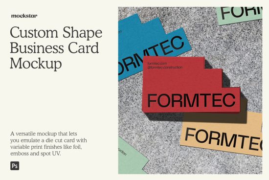 Custom Shape Business Card Mockup with colorful cards on a textured surface, perfect for designers to showcase branding in a realistic setting.