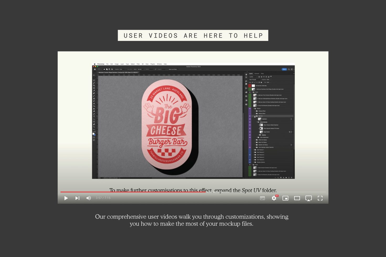 Screen capture of a graphic design tutorial in Photoshop showcasing a product mockup for The Big Cheese Burger Bar branding.