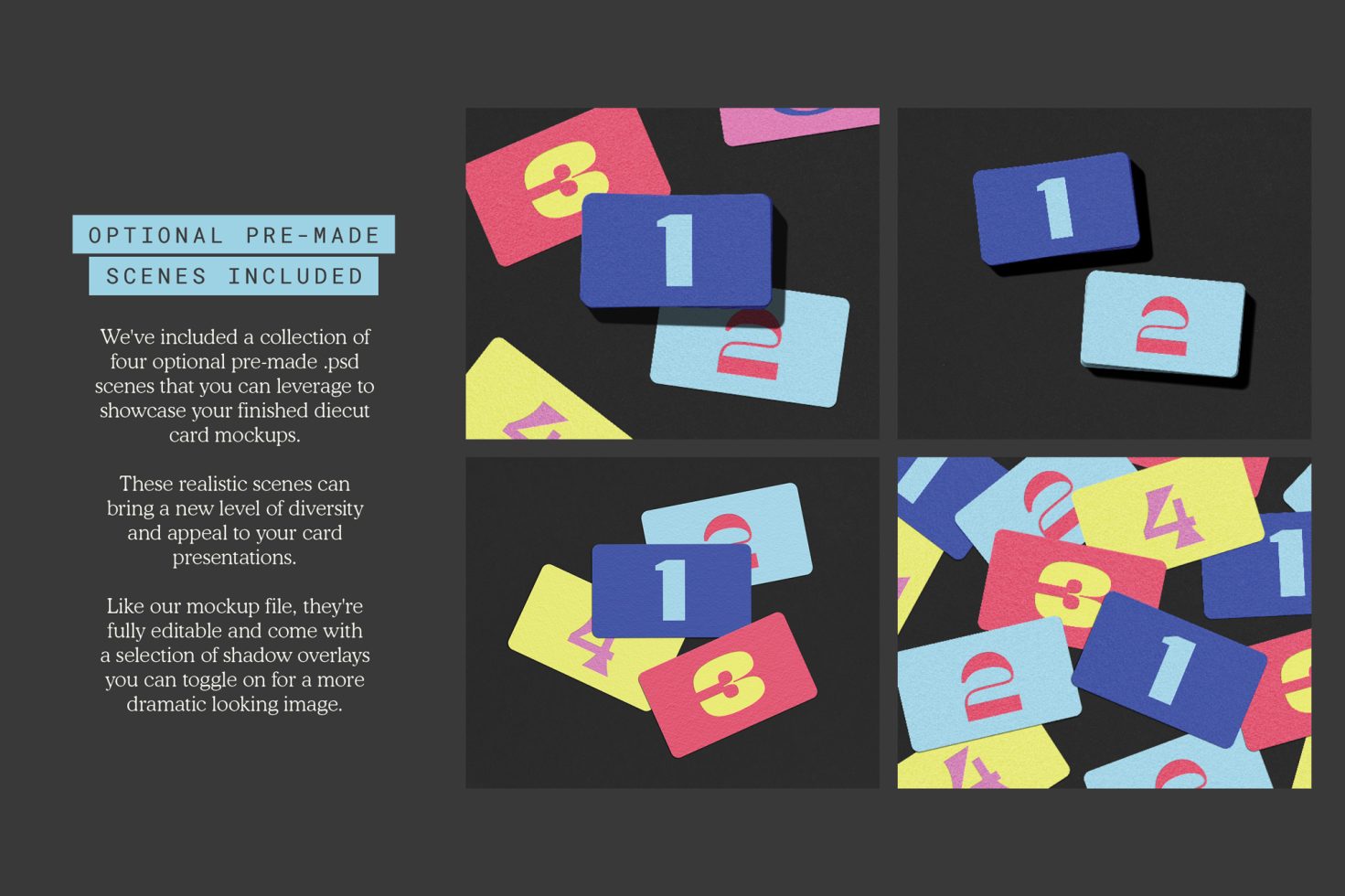 Colorful card mockups showing numbers, scattered on dark background, design resource for graphics and templates presentations.