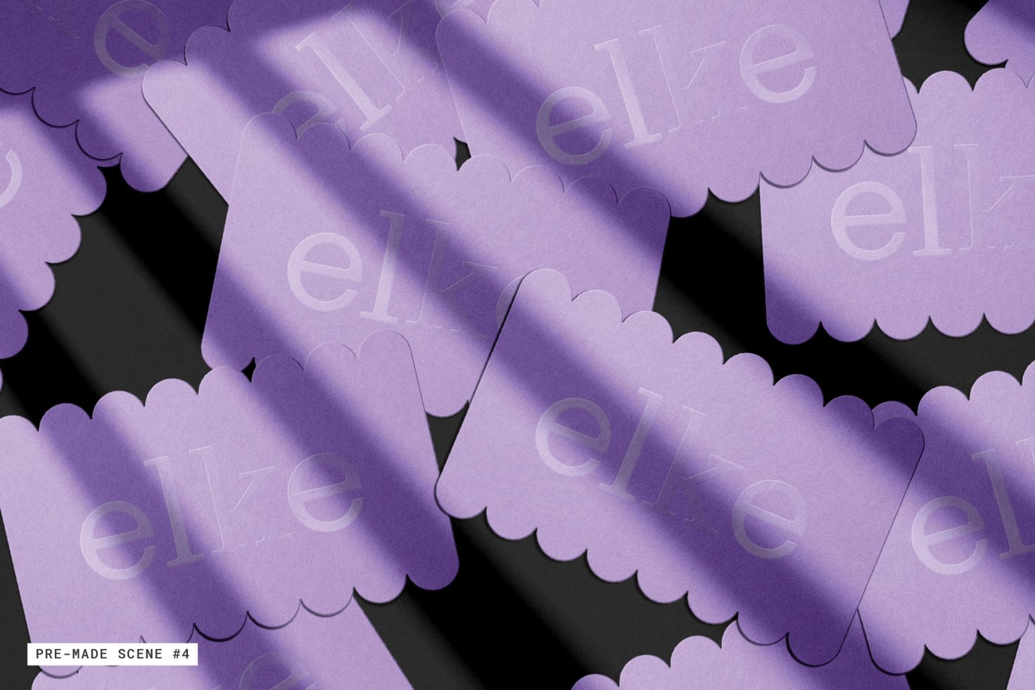 Purple scalloped paper mockup pre-made scene with layered design elements and shadows for graphics presentations and branding.