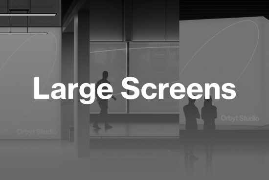 Modern digital signage mockup featuring large screens in a corporate setting with silhouettes of people for showcasing designs and presentations.
