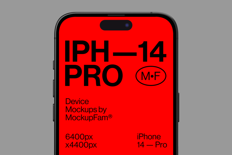 Red iPhone 14 Pro mockup graphic on grey background, ideal for showcasing app designs with high quality resolution of 6400x4400px.