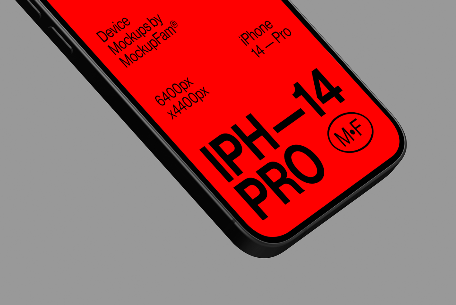 Smartphone mockup with red screen design for iPhone 14 Pro showcased at an angle on a plain background, ideal for app/interface presentation.