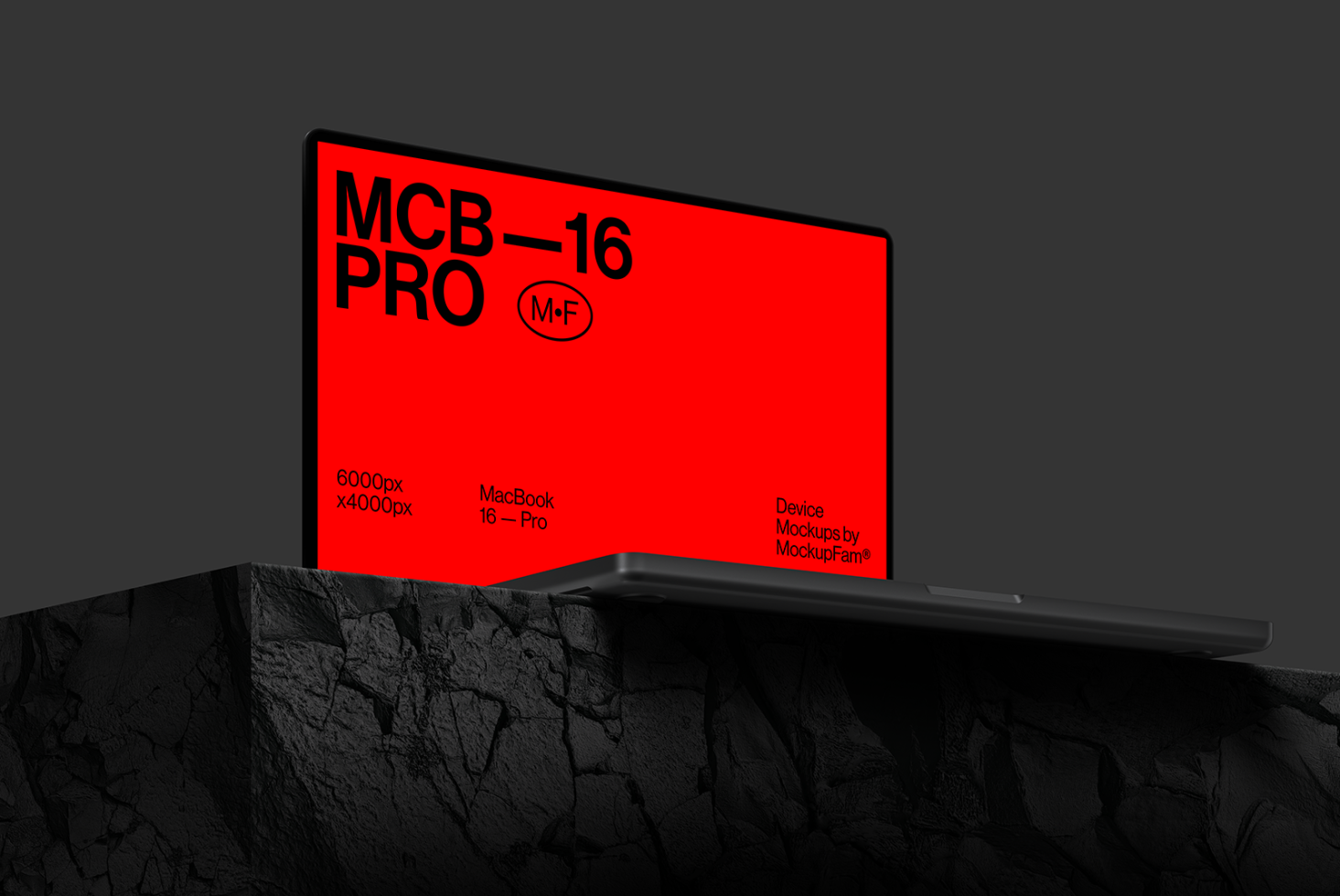 Laptop on textured dark background with red screen for branding, high-res MacBook Pro mockup for designers, ideal for presentations and web design.