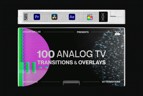 Retro analog TV transitions and overlays package for video editing, compatible with Premiere Pro and After Effects, ideal for designers.