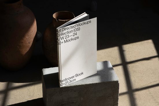 Elegant hardcover book mockup on a concrete block with shadows, next to earthy pottery, ideal for showcasing design portfolios and covers.
