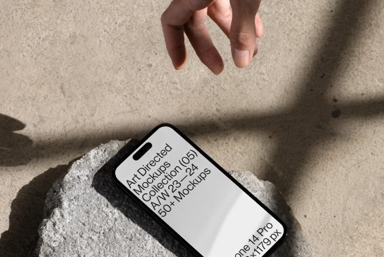 Smartphone mockup on stone with shadow, hand reaching, displaying design template, sleek modern presentation, realistic mobile asset for designers.