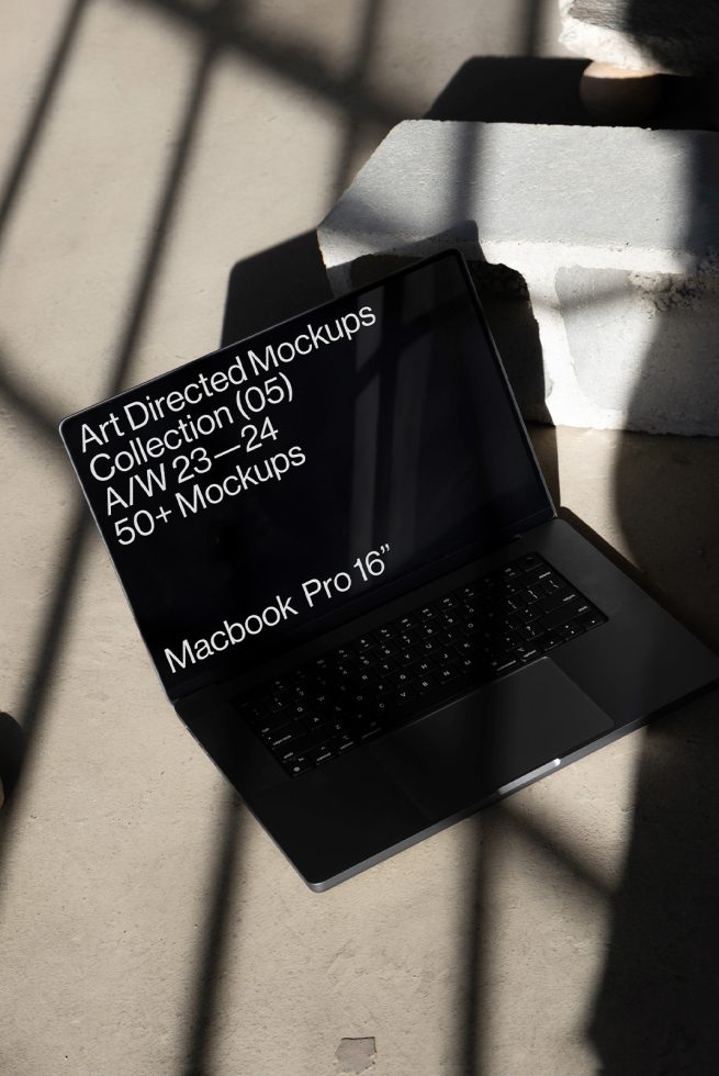 Laptop mockup in sunlight with sleek design, perfect for presenting digital assets, web design, UI/UX for designers and creatives.