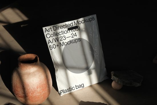 Art directed mockups collection ad on plastic bag with shadows, earthenware pot, and stone for designers.