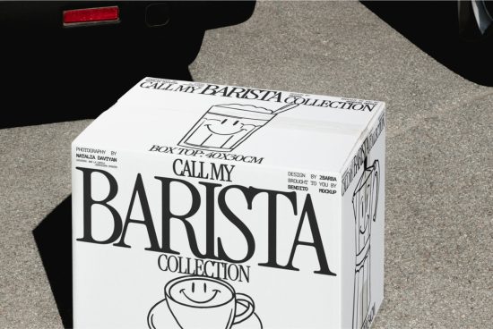 Creative packaging mockup with "CALL MY BARISTA" text, coffee cup graphic, and street art vibe for designers seeking unique box templates.