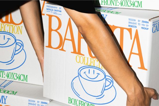 Graphic design mockup featuring cardboard boxes with bold typography and a coffee cup illustration, held by a person, perfect for packaging design.