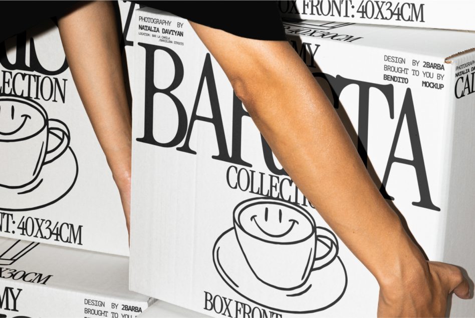 Person holding packaging mockup with a coffee cup design for branding and presentation, highlighting the details and dimensions.