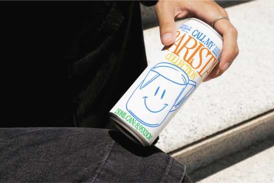 Hand holding custom designed can mockup with a smiling face graphic, outdoor setting, suitable for branding and packaging designers.