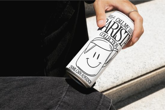 Hand holding a can with a cartoon face, labeled 'Barista Collection', ideal for mockup graphics in branding and packaging design.