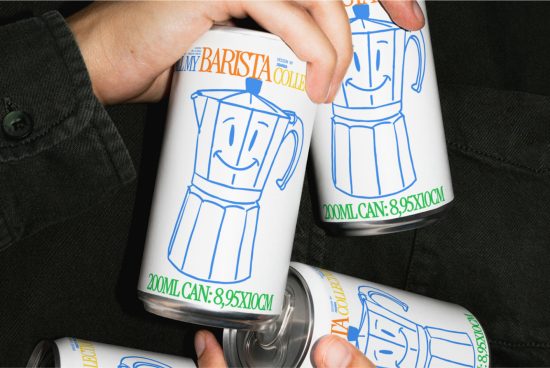 Person holding cans with sketched Italian coffee maker design, ideal for beverage mockup assets, package design, product branding.