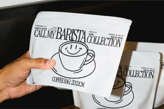 Hand holding a coffee bag packaging mockup with a smiling cup doodle, in a minimalist black and white design, ideal for designers looking for packaging templates.