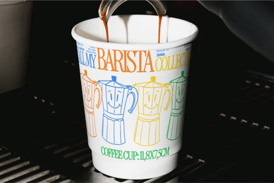 Espresso pouring into paper cup with colorful barista graphics, ideal for mockups, branding, and coffee shop design templates.