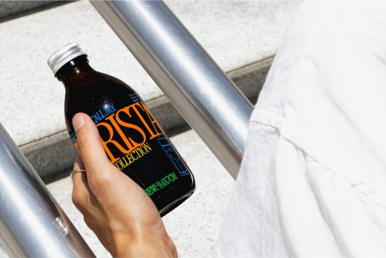 Hand holding a custom-branded bottle mockup with vibrant label design, ideal for presentations, in a sunny urban setting.