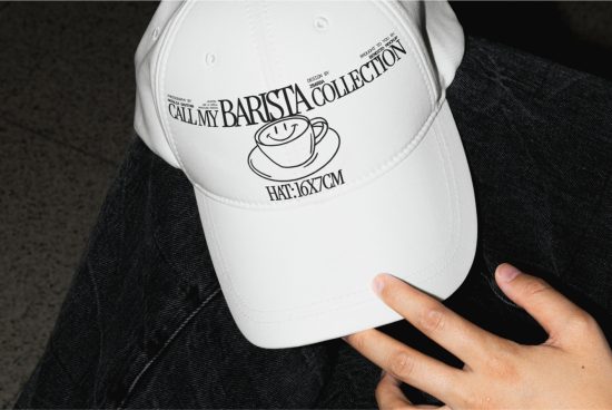 Person holding a white cap with barista themed print design mockup showing size dimensions, ideal for apparel, templates, branding.