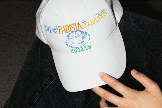 Person holding a white cap with colorful barista themed logo mockup for design presentation and branding in a casual setting.