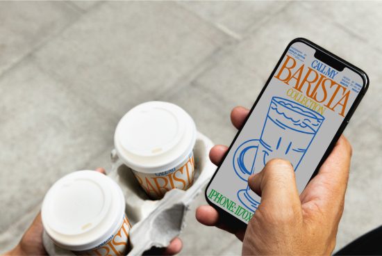 Person holding smartphone with coffee cup design on screen, two takeout coffee cups, digital mockup template, mobile app graphic display.
