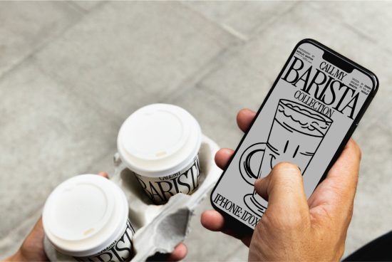 Hands holding coffee cups and smartphone with stylish barista graphic design on screen, ideal for mockup and graphic design showcase.