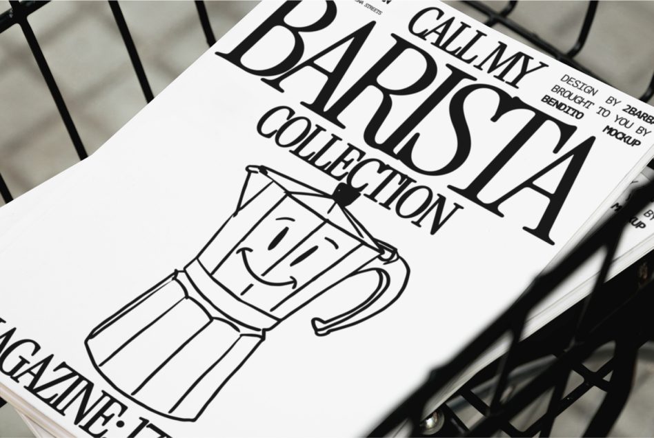 ALT: Magazine mockup with bold typography and smiling coffee pot illustration, titled, "Call My Barista Collection" on a wire rack, design asset.