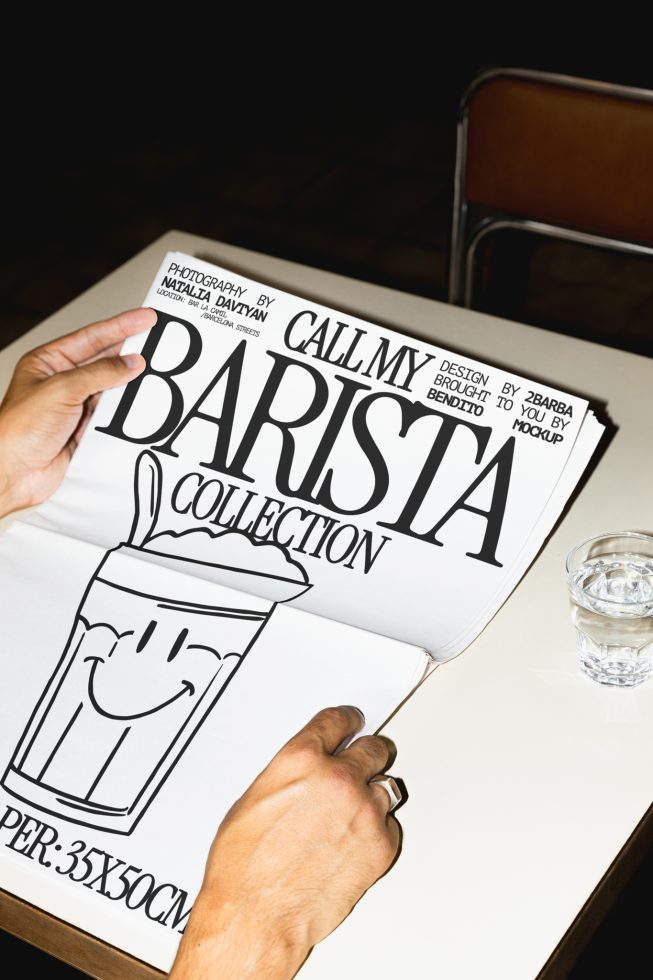 Person holding a magazine mockup with Barista Collection design, ideal for graphics display in coffee-related marketing materials.