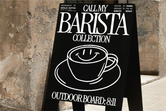 Outdoor advertising mockup featuring a smiling coffee cup design, titled "Barista Collection", in an urban setting for design presentation.