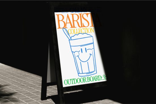 Outdoor display mockup with playful barista-themed graphic in sunlight for designers to showcase signage designs.