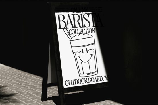 Sidewalk sandwich board mockup with playful 'Barista Collection' graphic design, showcasing fonts and advertisement template in urban setting.